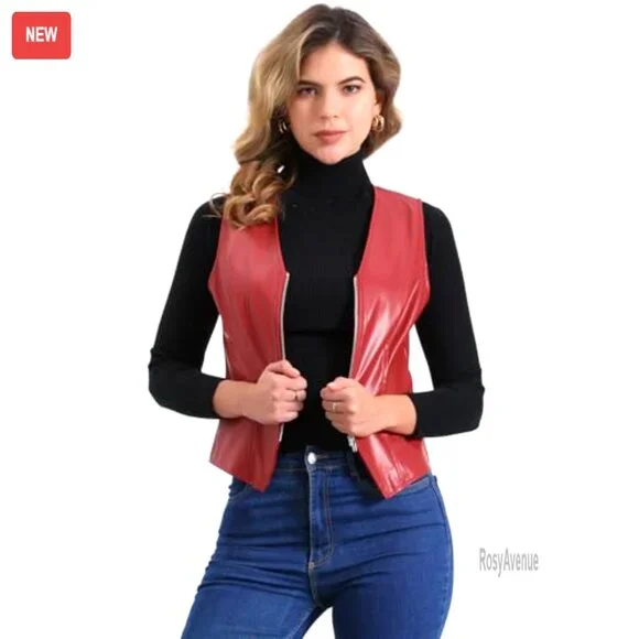 Faux Leather Vest Sleeveless Zipper Motorcycle Biker Waistcoat Jacket